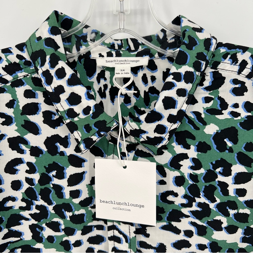 BeachLunchLounge Top Womens Plus Size Green Leopard Print Button Roll Tab Sleeve - Picture 4 of 16